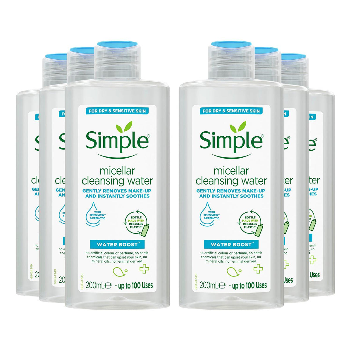 Water Boost Hydrating Micellar Water Cleanser For Dry Skin, 6pk X 200ml | Set of 6 | White