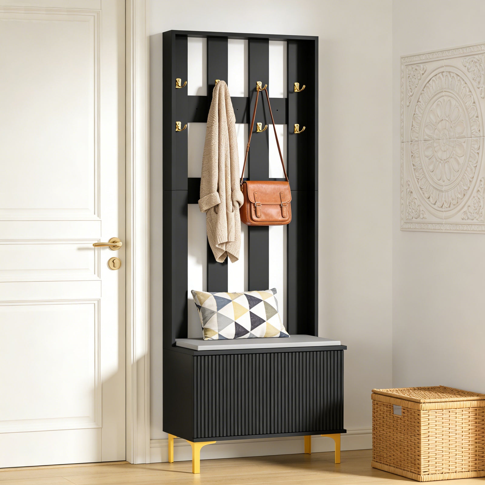 Coat Rack Stand With Shoe Storage Bench 2 Tier Clothes Hat Hanger 8 Hooks | Black