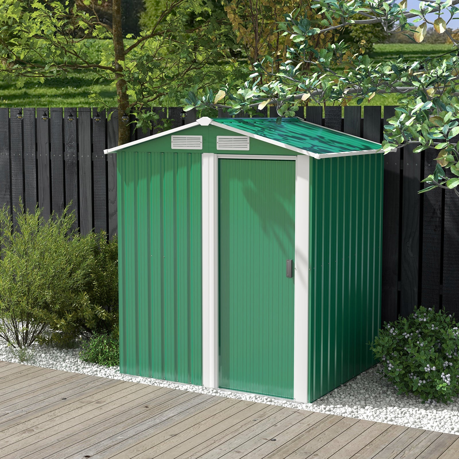 Outdoor Metal Storage Shed With Sliding Door Sloped Roof | Green