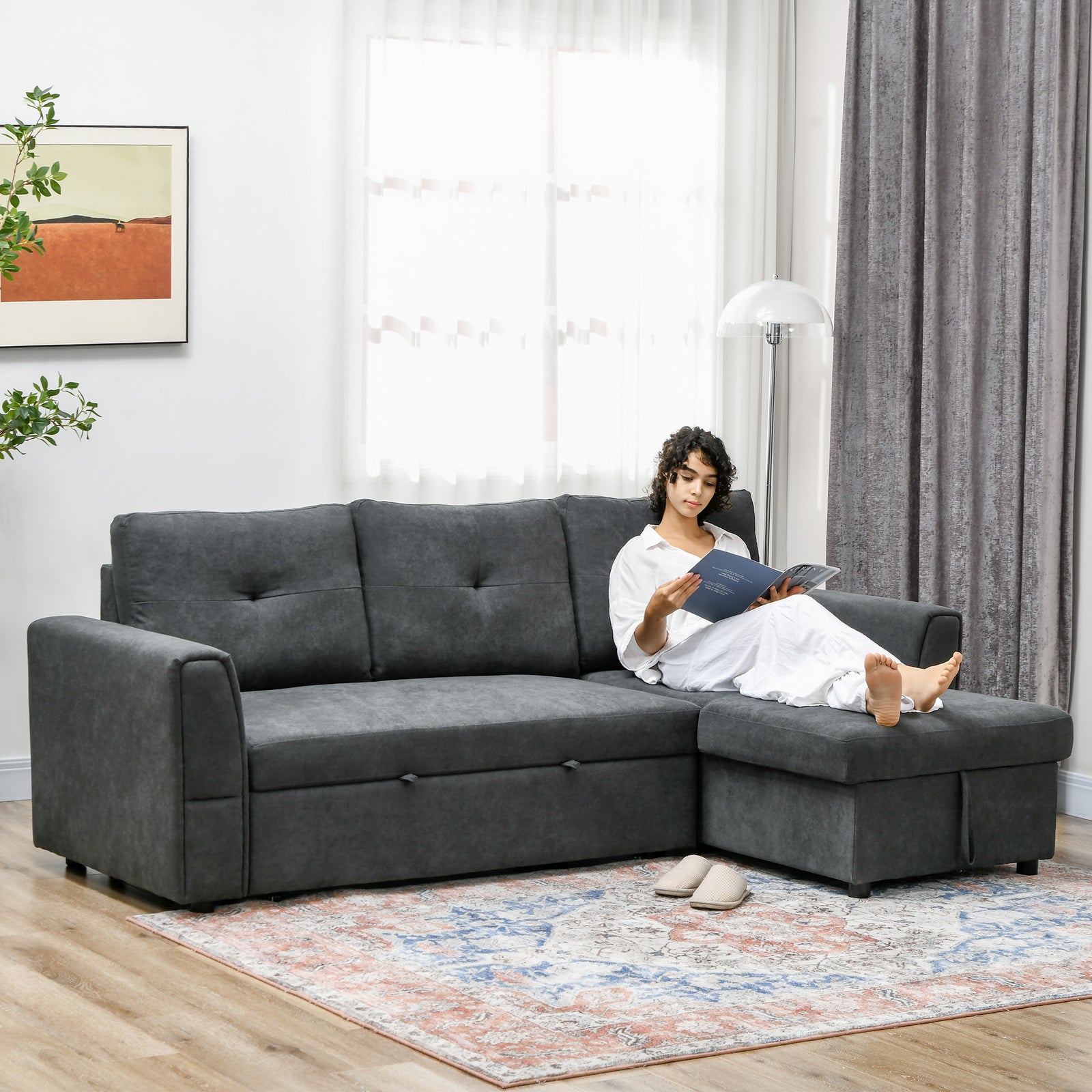 3 Seater Sofa Bed Convertible Pull Out Sofa With Storage | One Size | Dark Gray