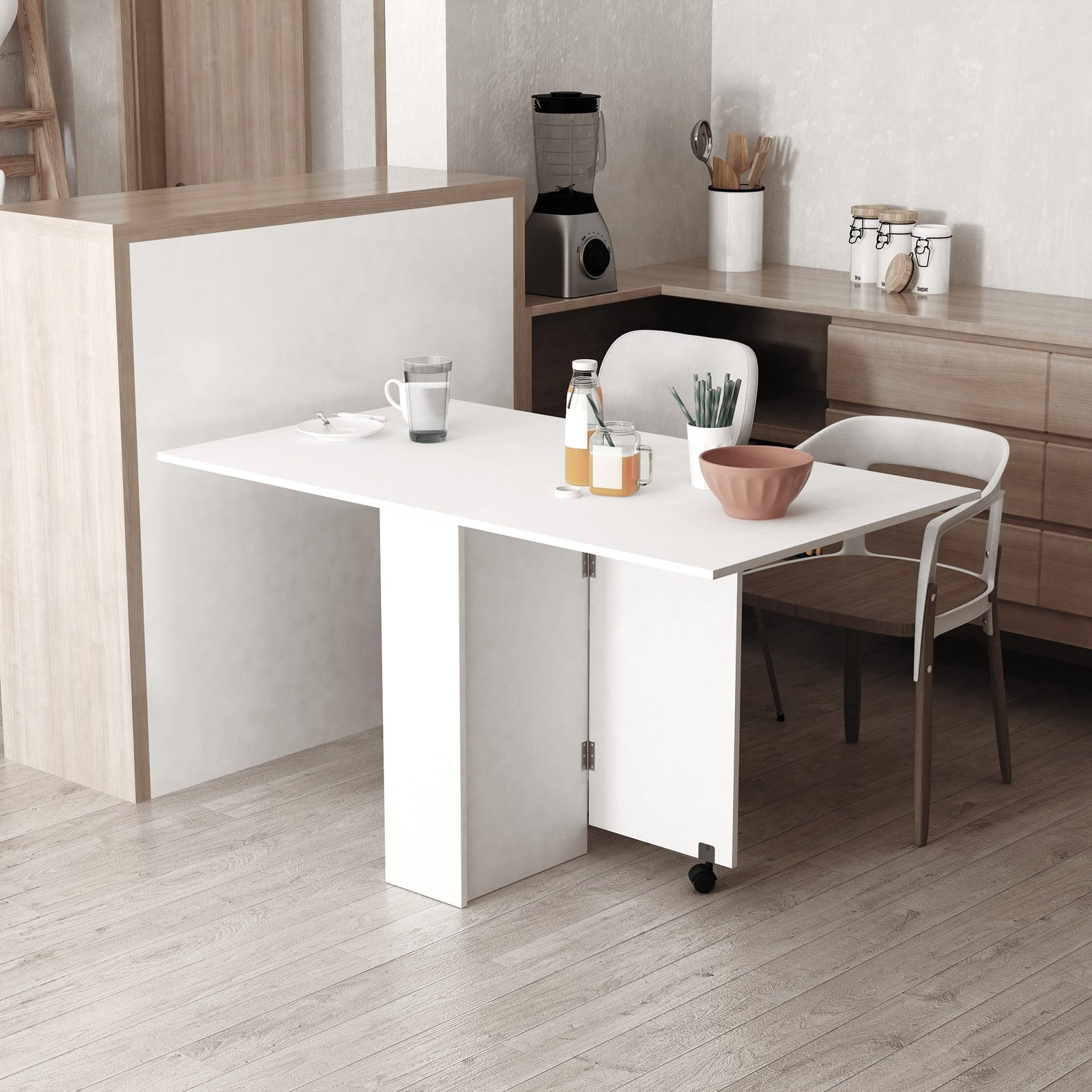 Mobile Drop Leaf Dining Table Folding Desk W/wheels  Shelves | White