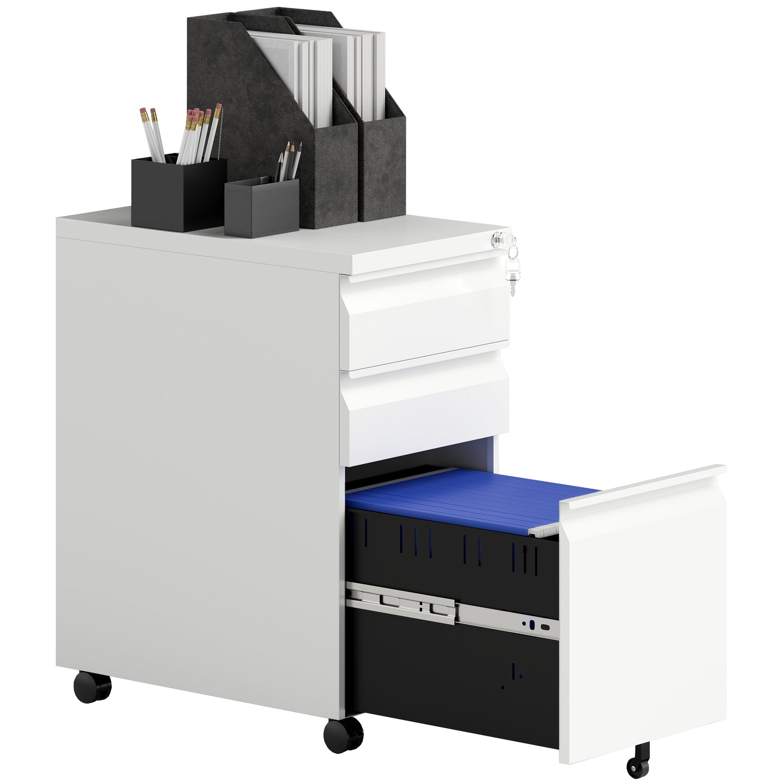Steel File Cabinet With Lock And Wheels For Home Office | One Size | White