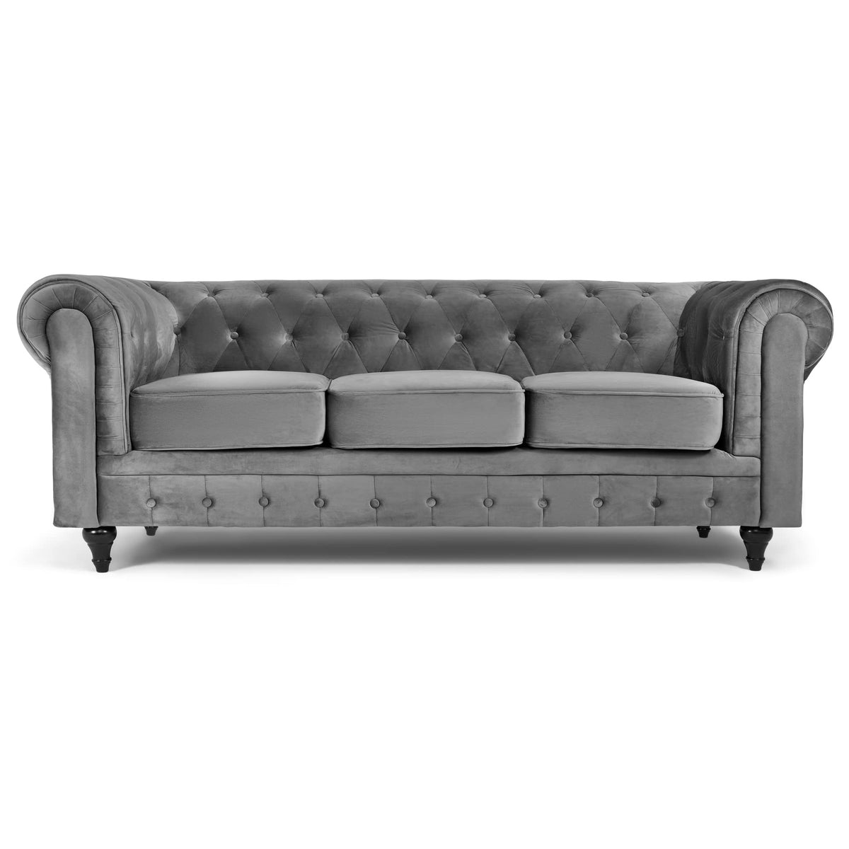 Chesterfield Scroll Arm Velvet Sofa 3 Seater | Grey