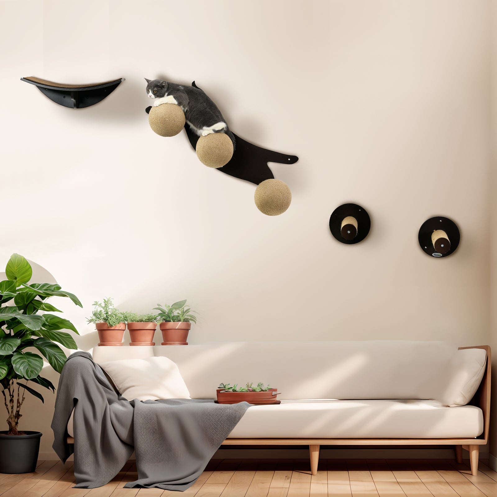 Cat Wall Furniture W/ Curved Platforms, Scratching Posts - Brown