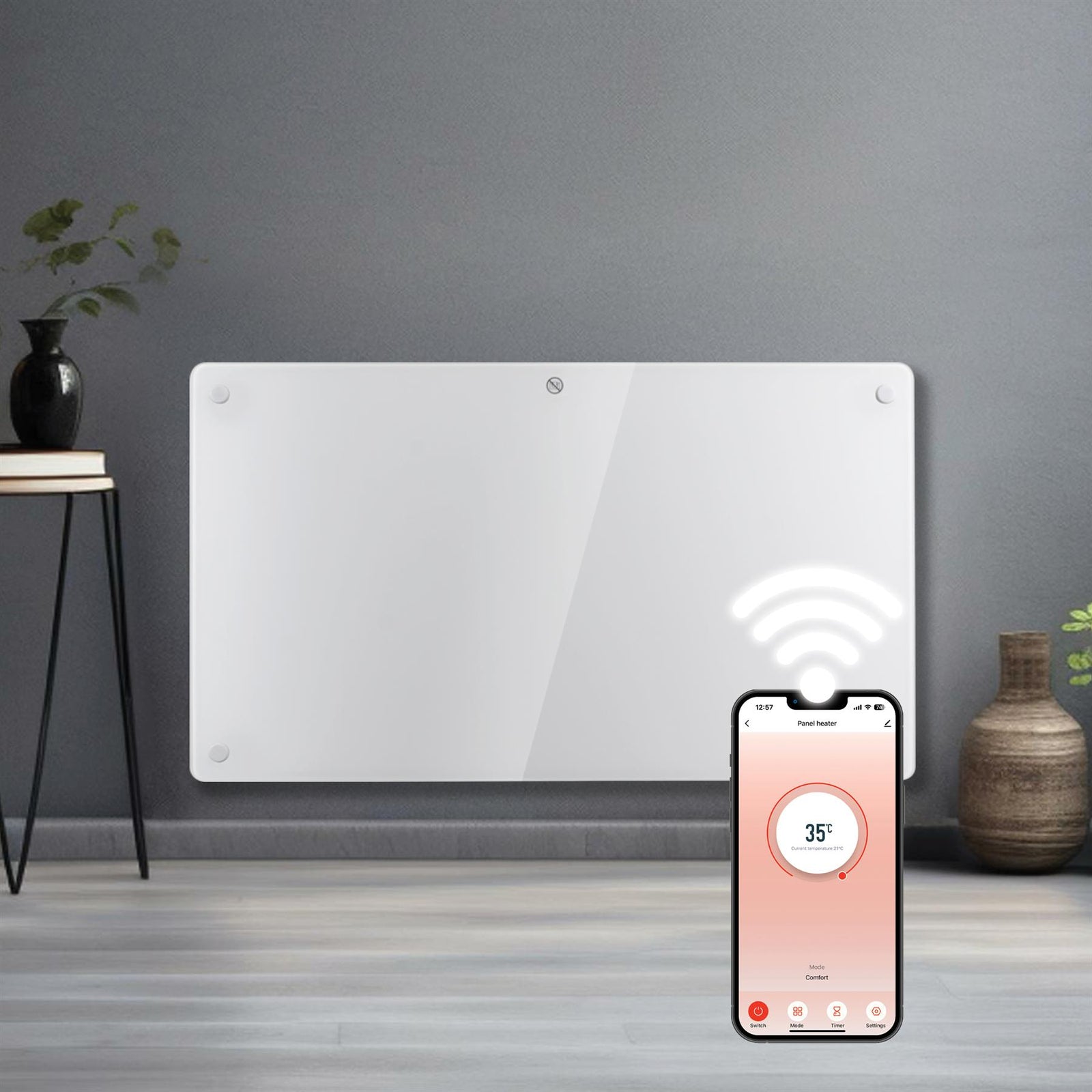 Electric Wifi Glass Radiator Panel Heater White Wall Mounted Or Floor Standing Bathroom Safe Timer And Thermostat | 1500w | White
