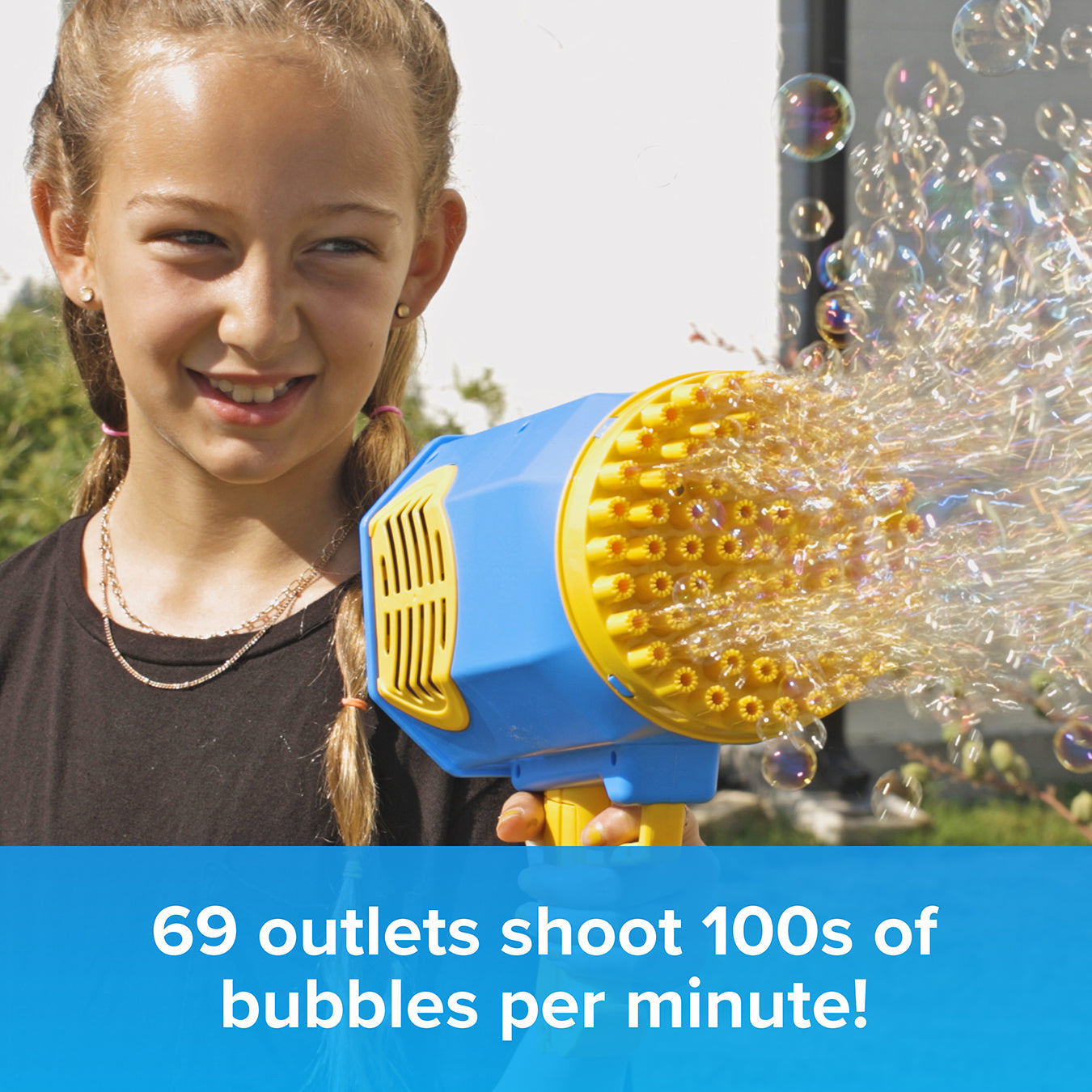 69 Hole Bubble Gun - Fun For Kids - Outdoor Toys For Boys & Girls - Shoots 100+ Bubbles A Minute - Built In Leds - Durable & Lightweight - Rechargeable - Includes 2x 50ml Solution