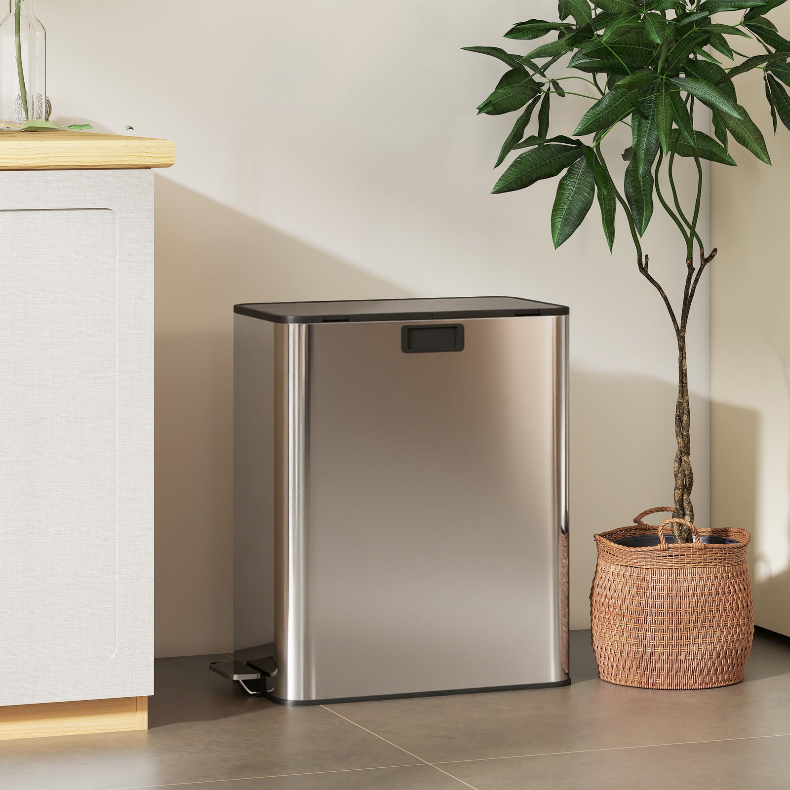 HOMCOM 56l Dual Kitchen Bin With Removable Inner Buckets For Recycling And Waste
