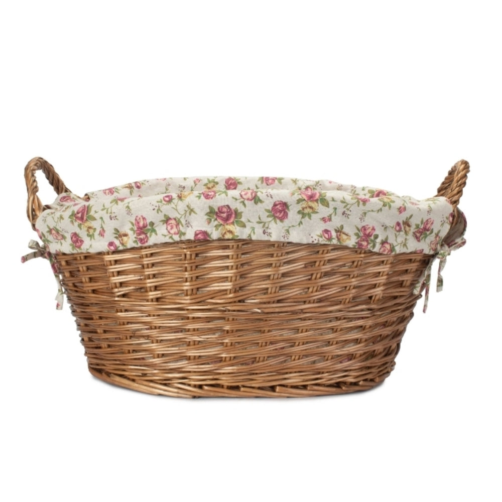 Garden Rose Cotton Lined Light Steamed Round Laundry Basket | Pink