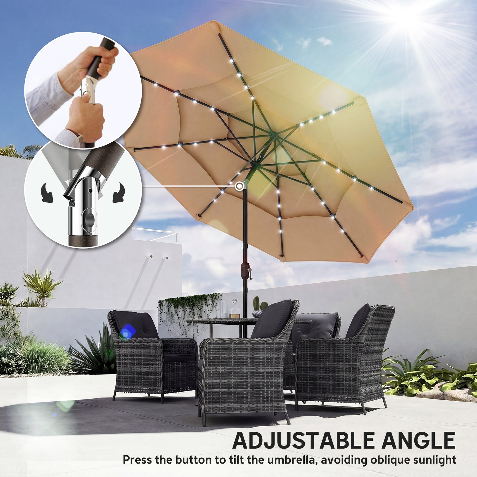 2.8 M Garden Parasol Umbrella With Light, Patio Umbrella | Khaki