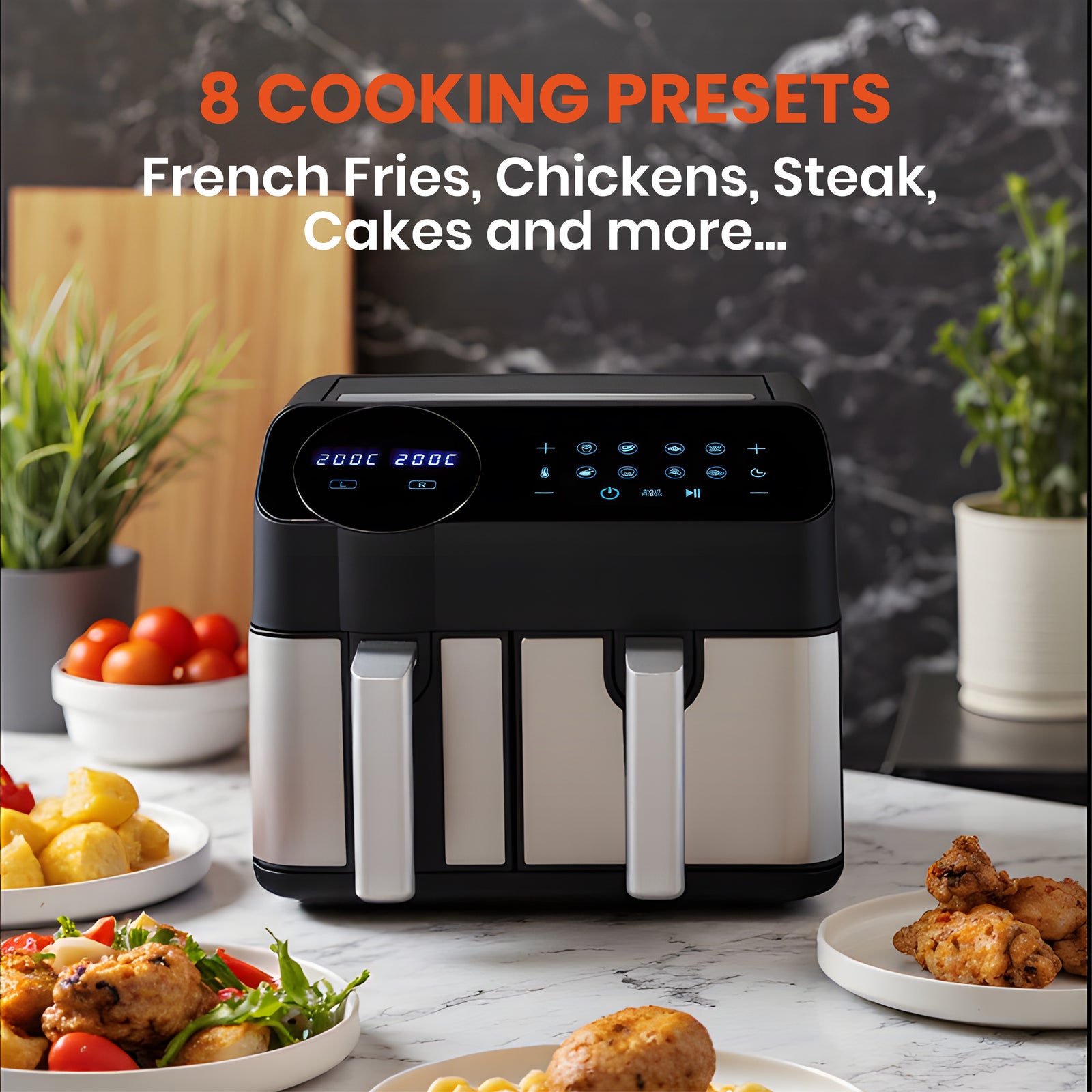 Dual-basket Smart Air Fryer, 3.5l + 6l Capacity,led Touchscreen, 8 Preset Cooking Modes, Easy To Clean, Non-stick, Overheat Protection