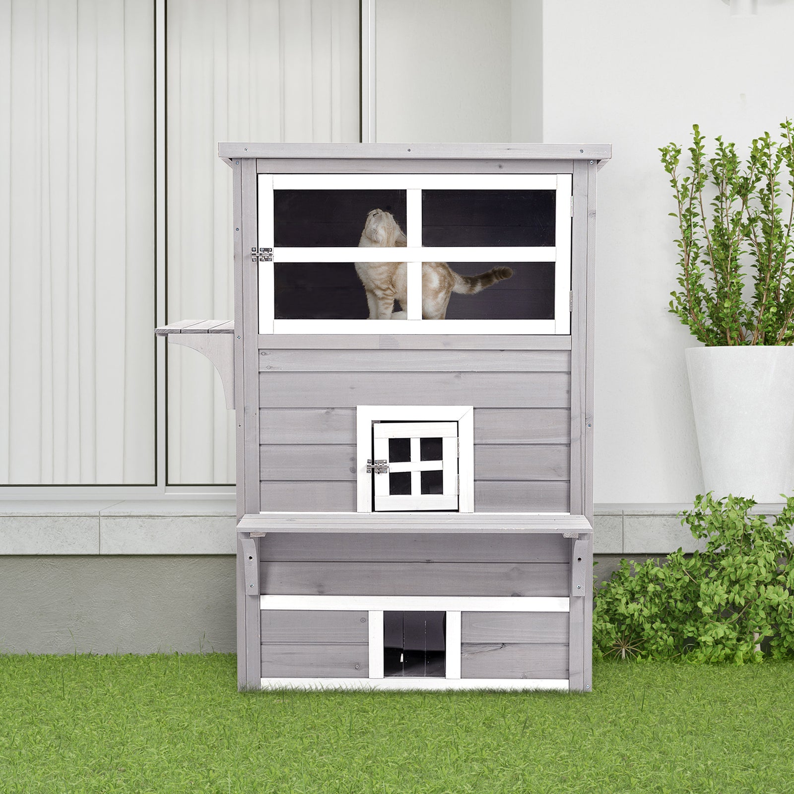 3-tier Wooden Kitten Shelter For Indoor, Outdoor - Grey