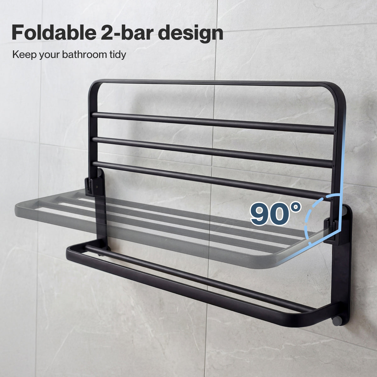 Towel Holder With 2 Bars Wall Mounted No Drill Bathroom Shelf Black | Black