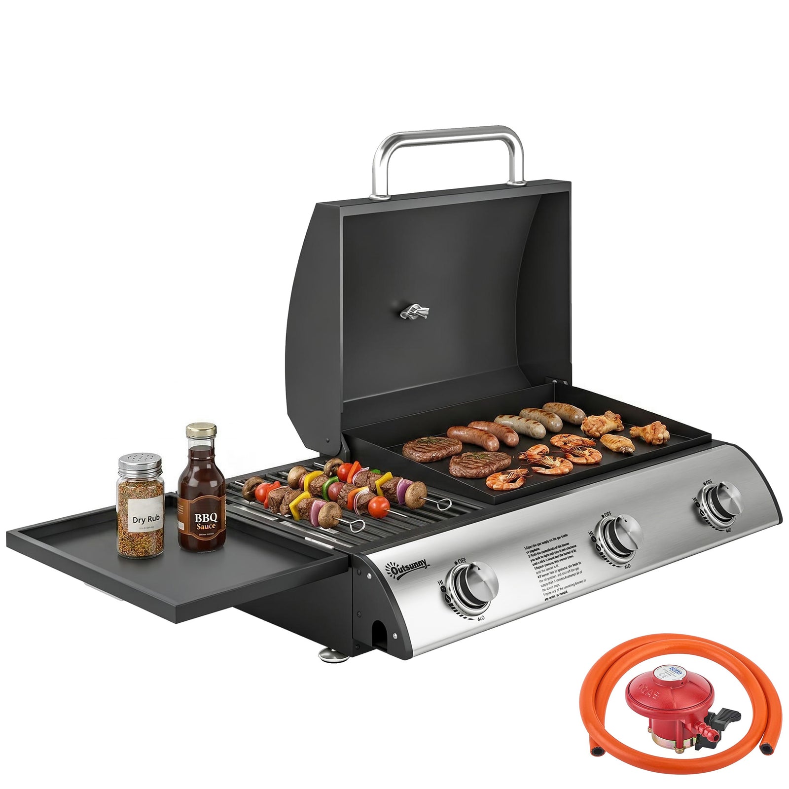 Outsunny 7.5 Kw Portable Portable Gas Plancha Bbq Grill With 3 Burner, Black