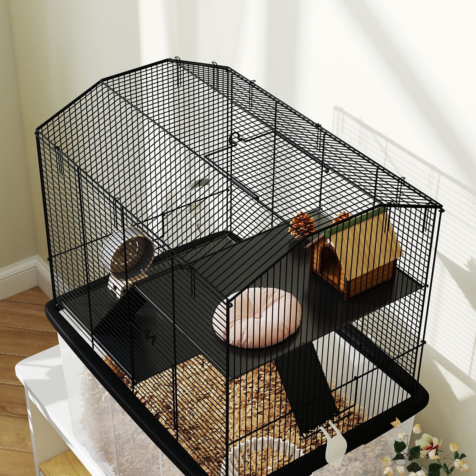 Hamster Cage, Three-tier Gerbil Cage W/ Deep Bottom, Ramp, Food Dish | Black