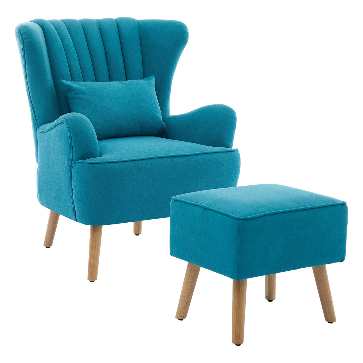 Modern Wingback Accent Chair Armchair With Footstool And Lumbar Pillow | Blue