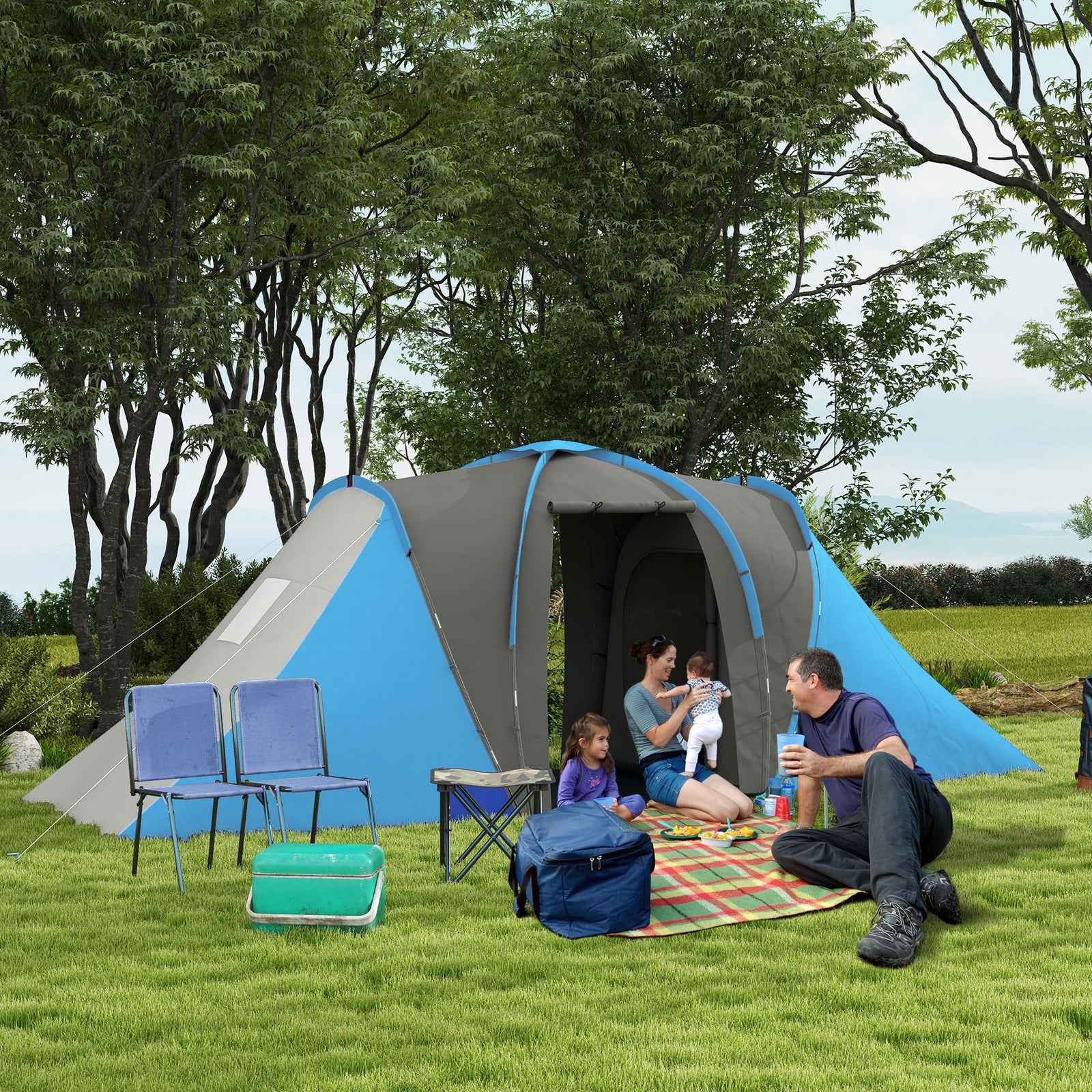 4-6 Man Large Camping Tent With 2 Bedroom And Living Area | Blue