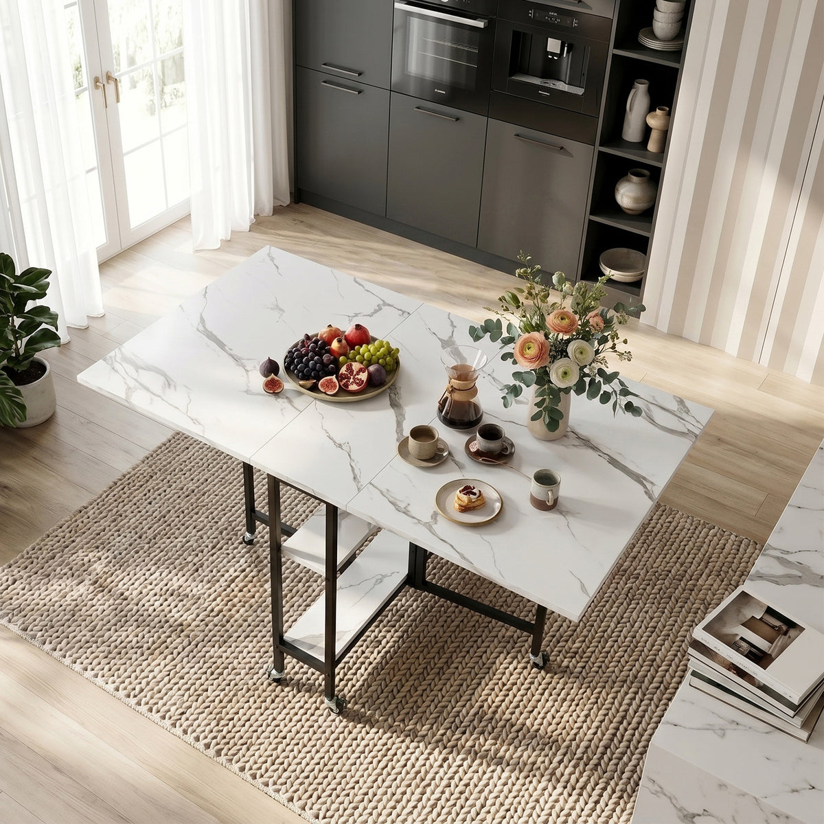 Breeins Folding Dining Table With Wheels And Storage Shelves