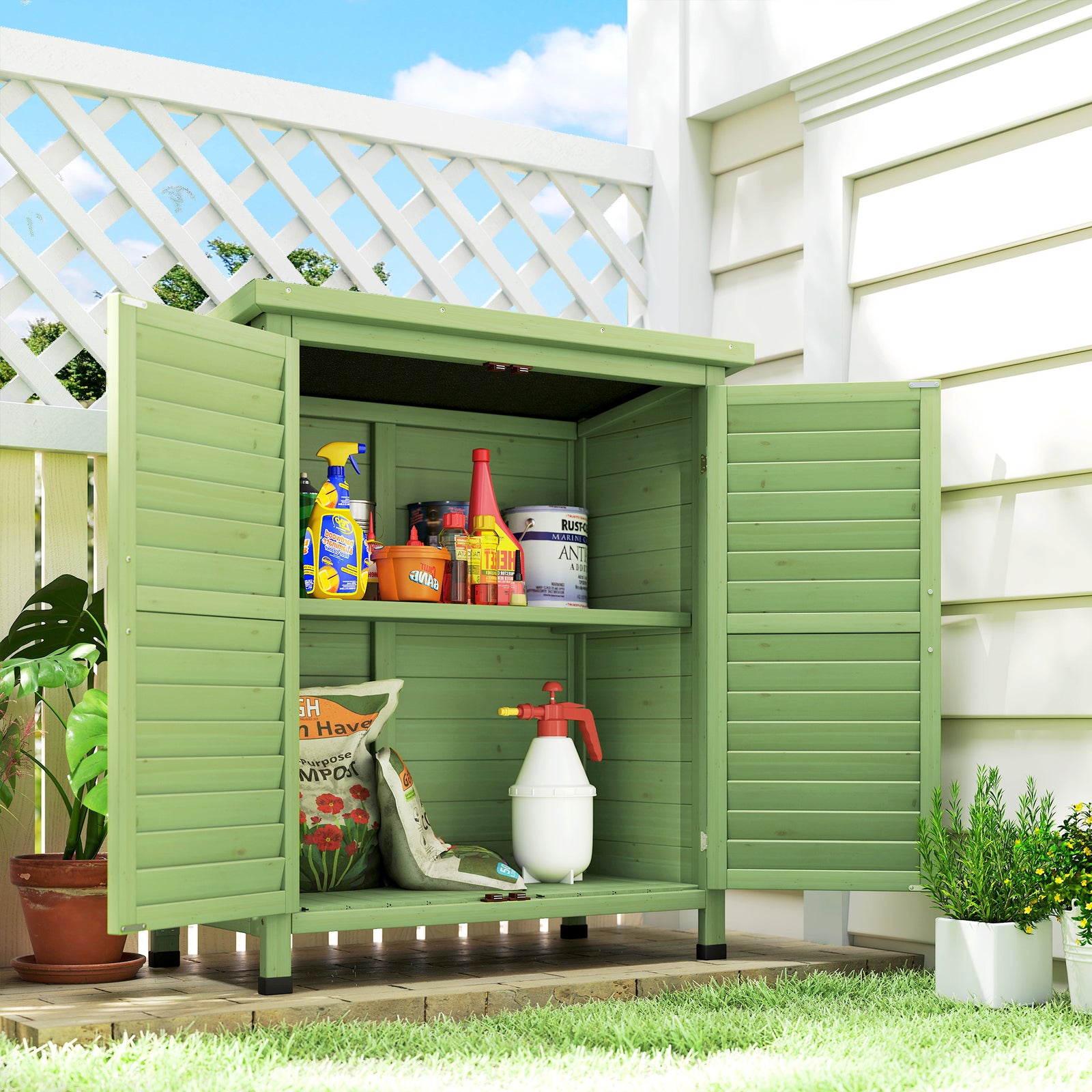 Solid Wood Garden Storage Shed With Doors Green