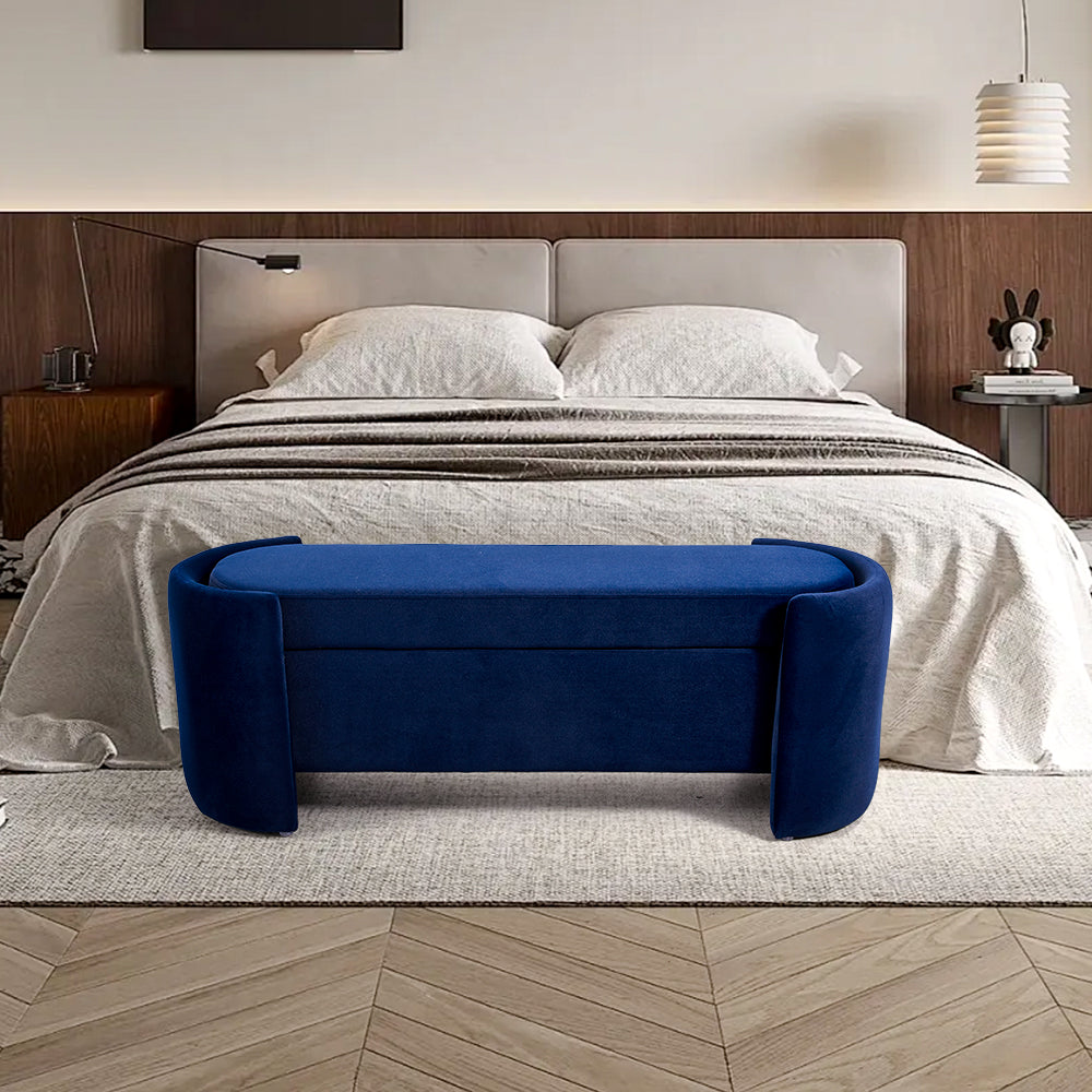 Chenille Upholstered Storage Bench With Arc-shaped Sides, 125cm Wide Ottoman Seat With Hidden Compartment For Living Room Or Bedroom | Blue