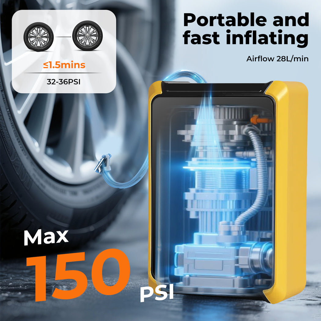 Car Tyre Inflator Electric Air Compressor Pump 12v 150psi With Led Light | Yellow
