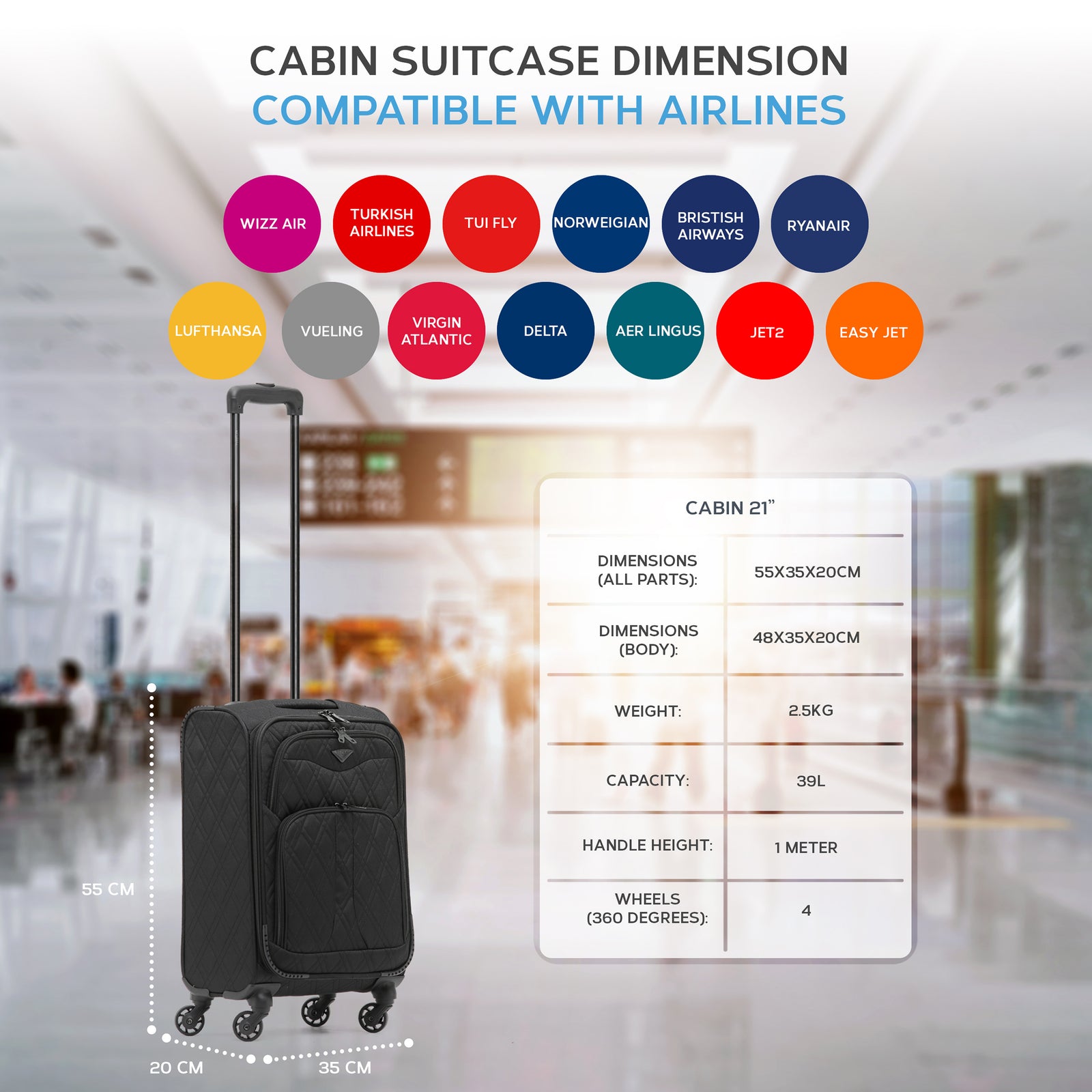 55x35x20cm Lightweight 4 Wheel 800d Soft Case Quilted Suitcases Set Of 3 Anti Crack - Cabin & Hold Luggage 100+ Airlines Approved | Cabin | Black