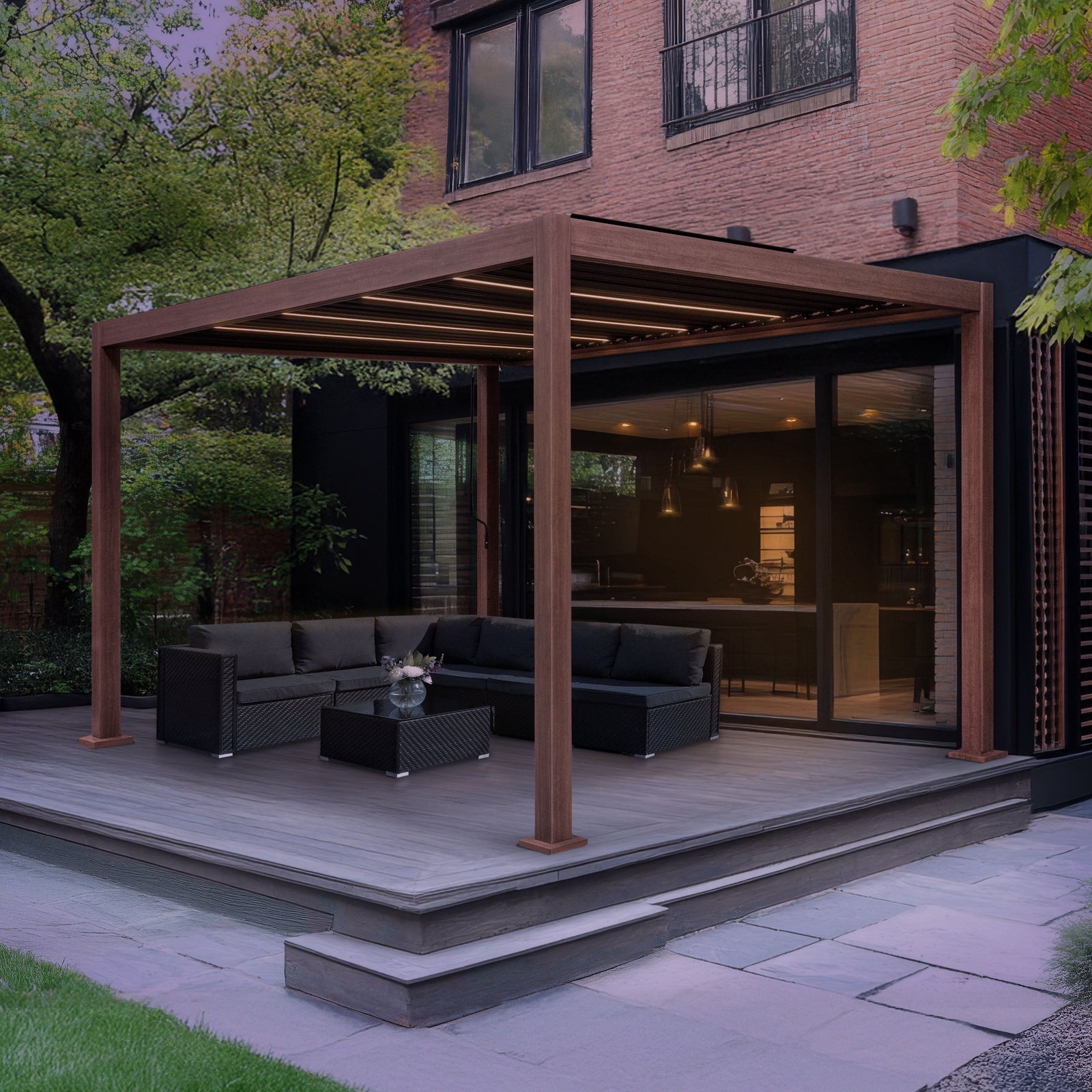 Wood Effect Aluminium Pergola With Led Lights | 4m x 3m | Brown