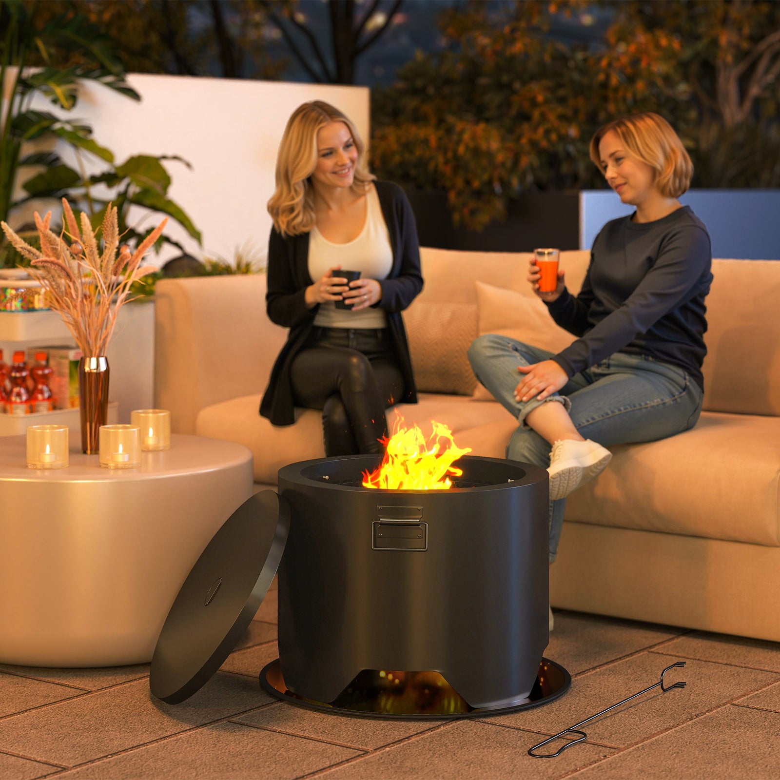 Round Fire Pit W/ Lid & Poker, Black