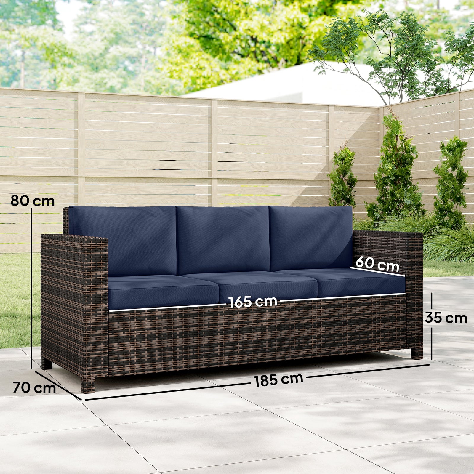 Rattan Wicker 3-seater Sofa Chair Patio Furniture | Blue