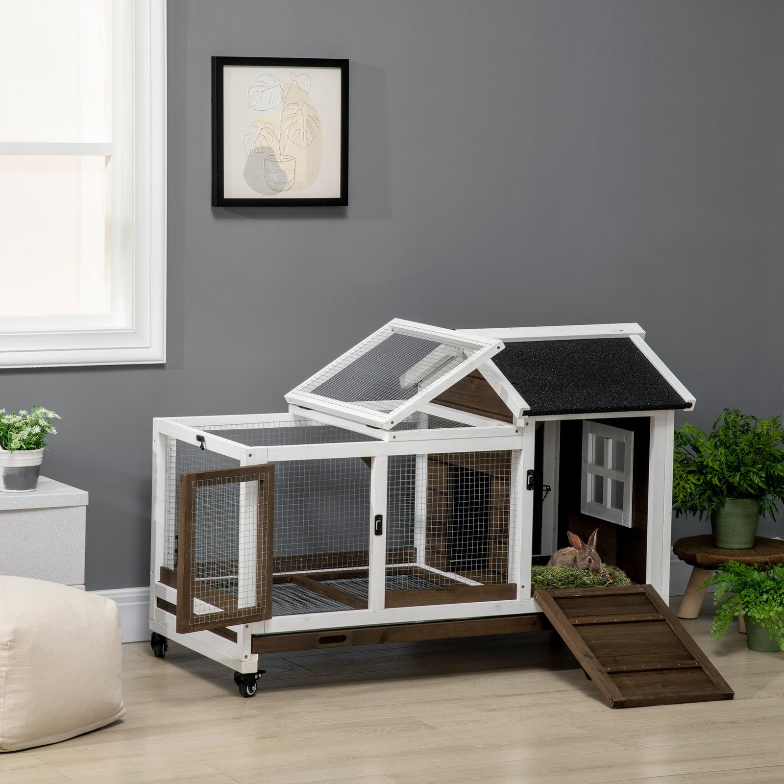 Wooden Rabbit Hutch, Small Animal  House W/ Wheels, Removable Tray | Brown