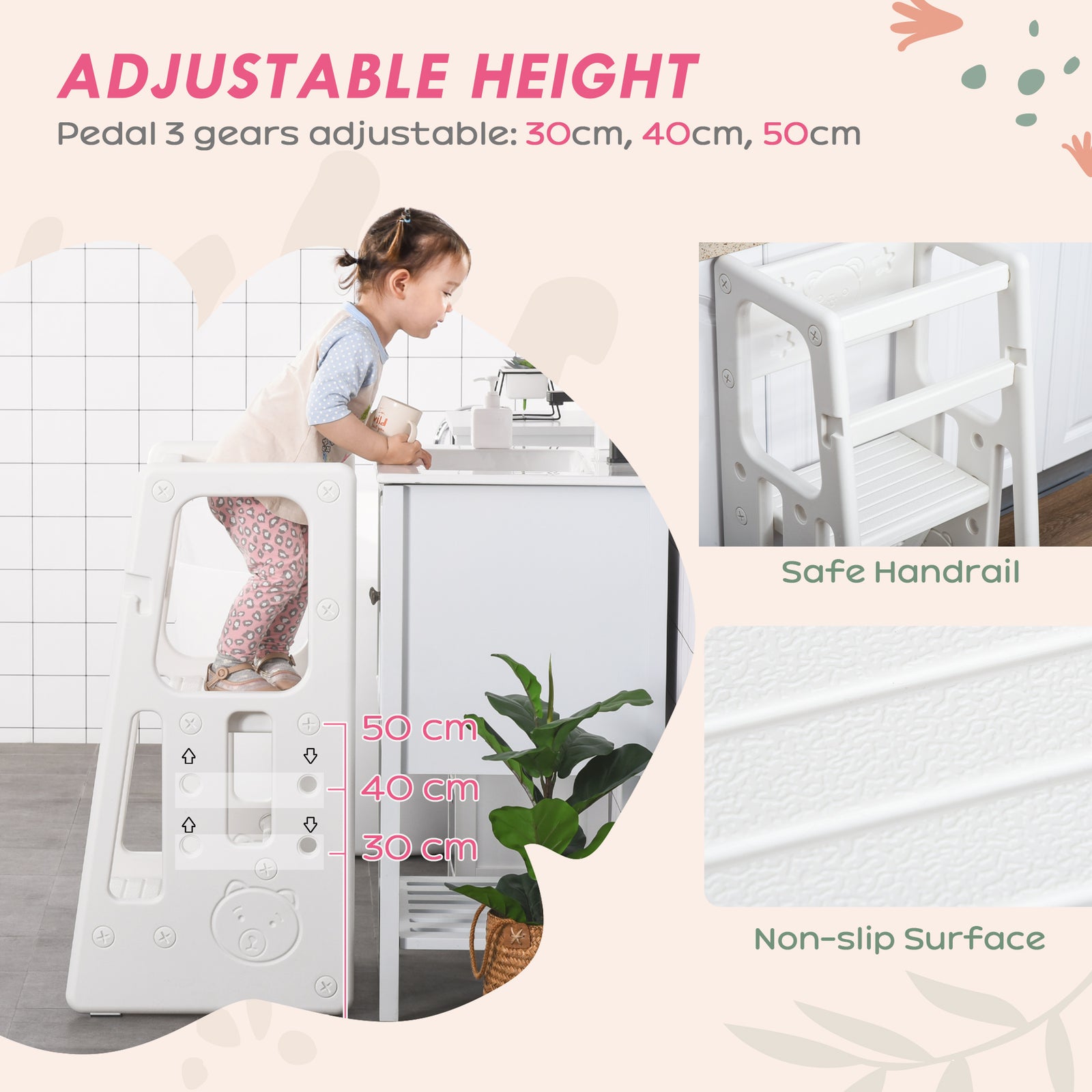 Step Stool, Adjustable Standing Platform, Toddler Kitchen Stool | White