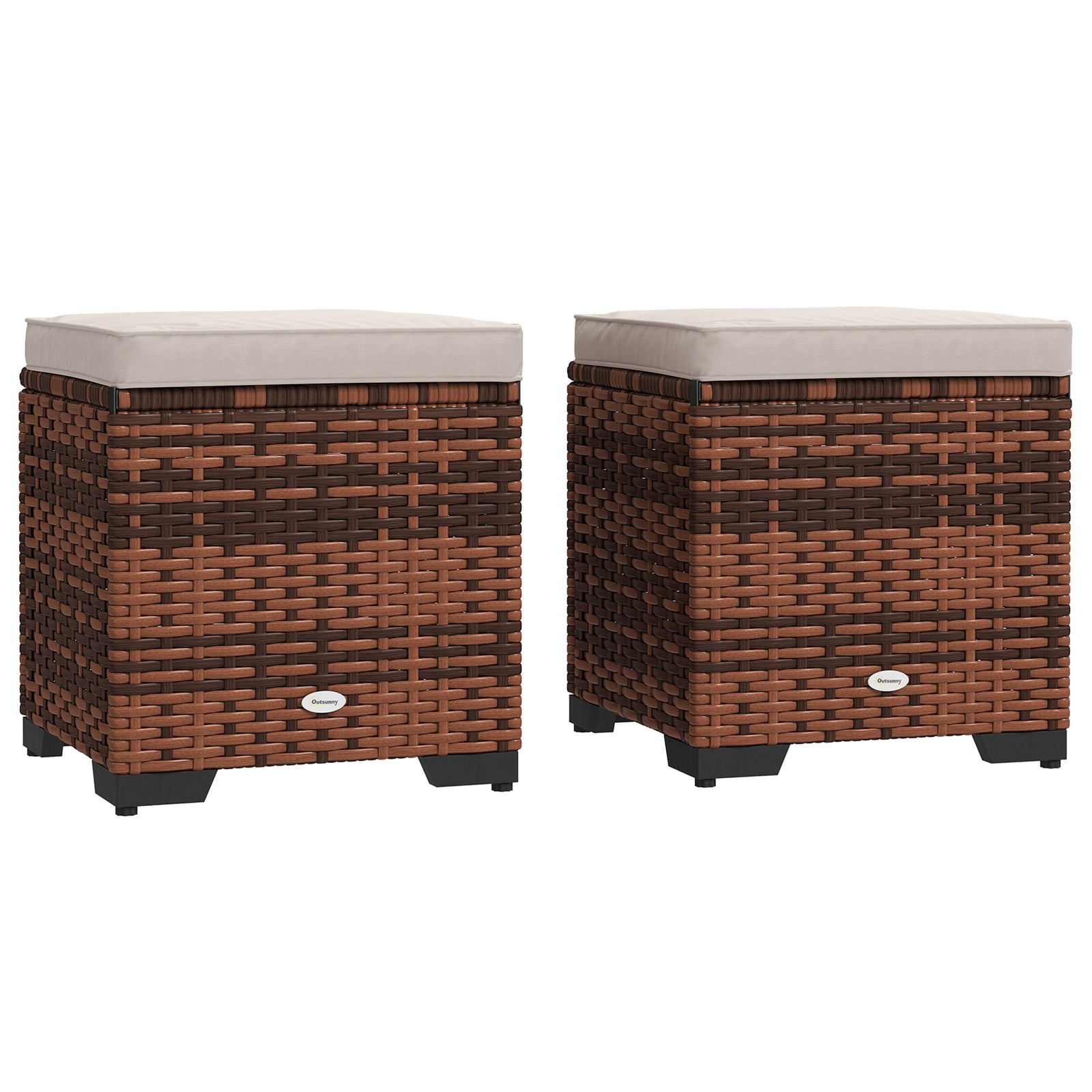 Set Of 2 Rattan Footstool, Storage Ottoman W/ Cushions | Beige