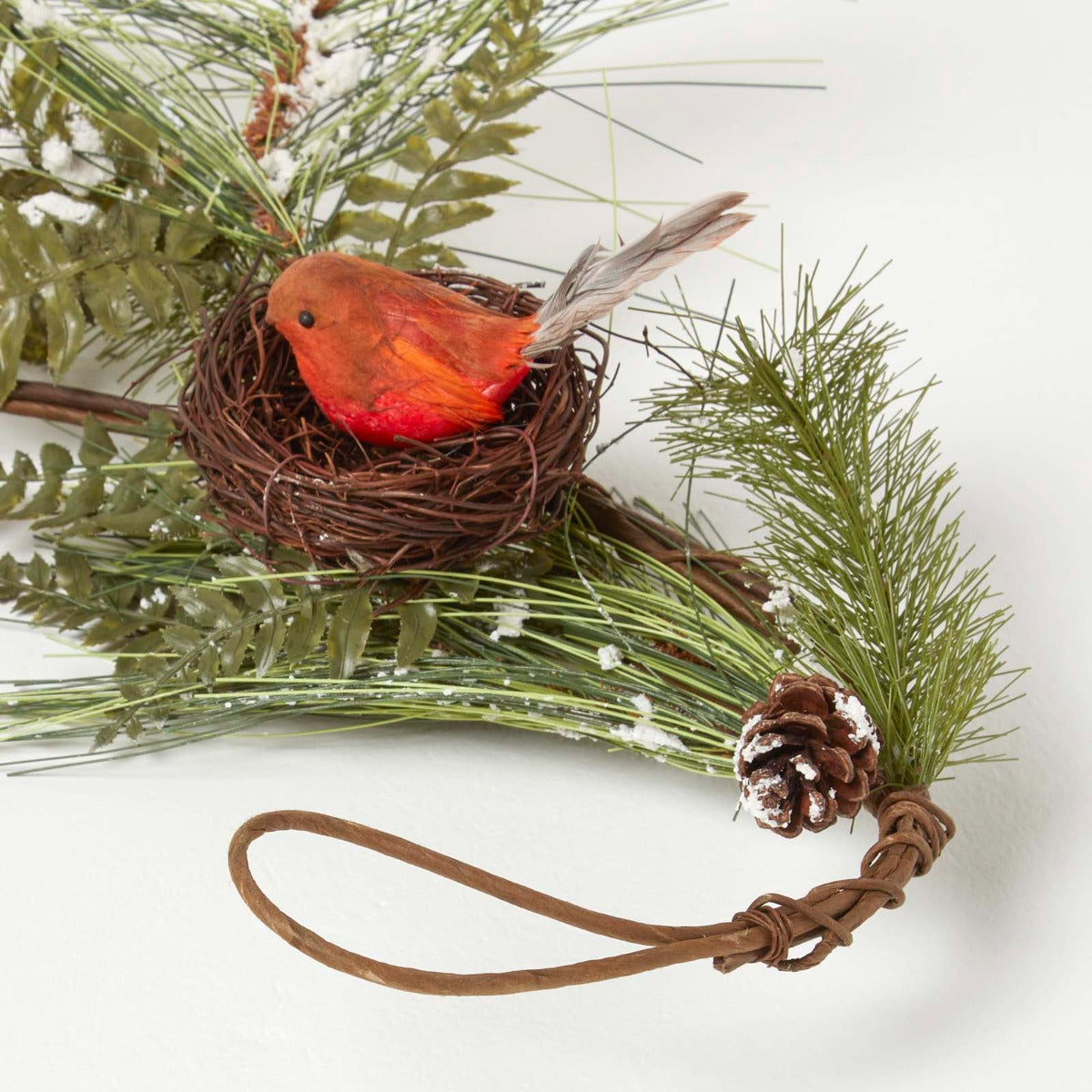 HOMESCAPES Festive Christmas Garland With Artificial Pine And Robins Nests 5ft