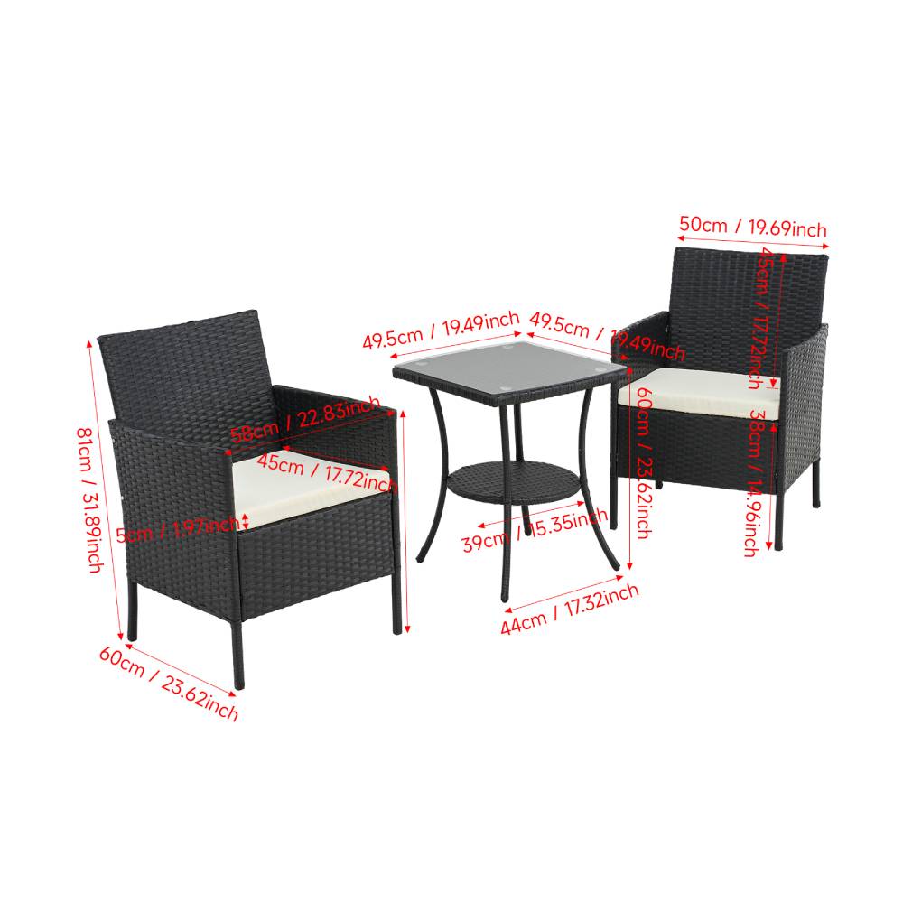 3-piece Pe Rattan Garden Furniture Set, Outdoor Patio Table And Chairs Set | Black