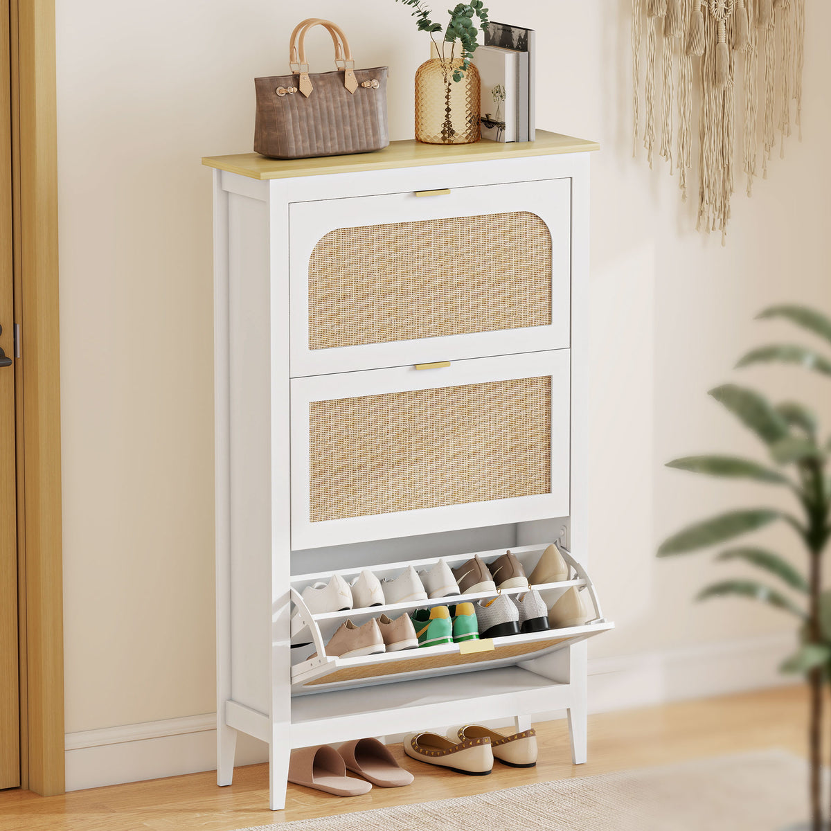 HOMCOM Boho Slim Shoe Cabinet With Rattan Doors