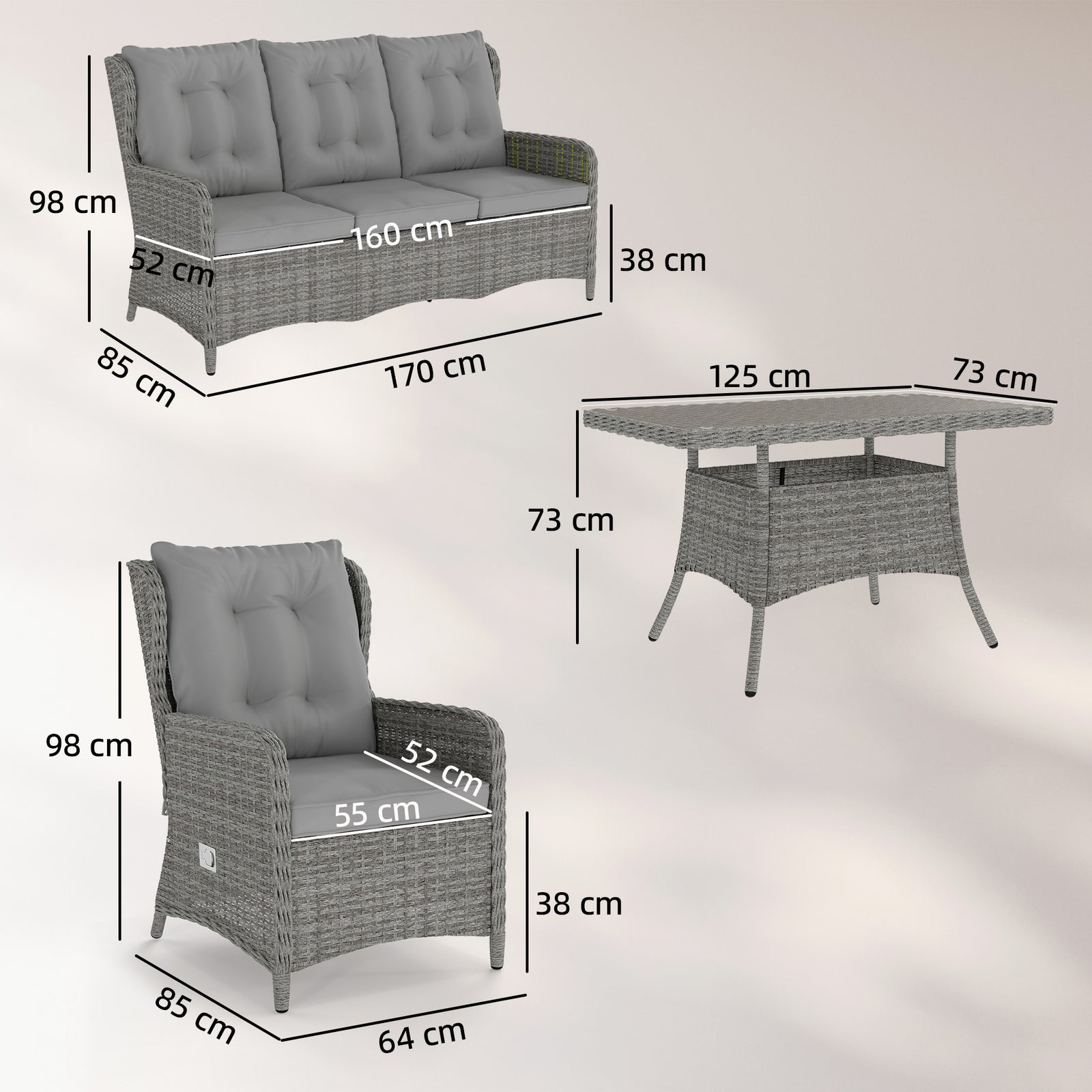 Outsunny 4 Piece Rattan Garden Furniture Set With Cushions, Grey