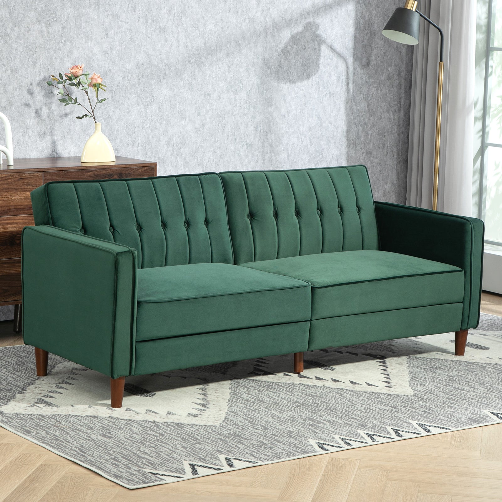 Convertible Sofa Futon Velvet Touch Tufted Couch Sofa Bed | One Size | Green