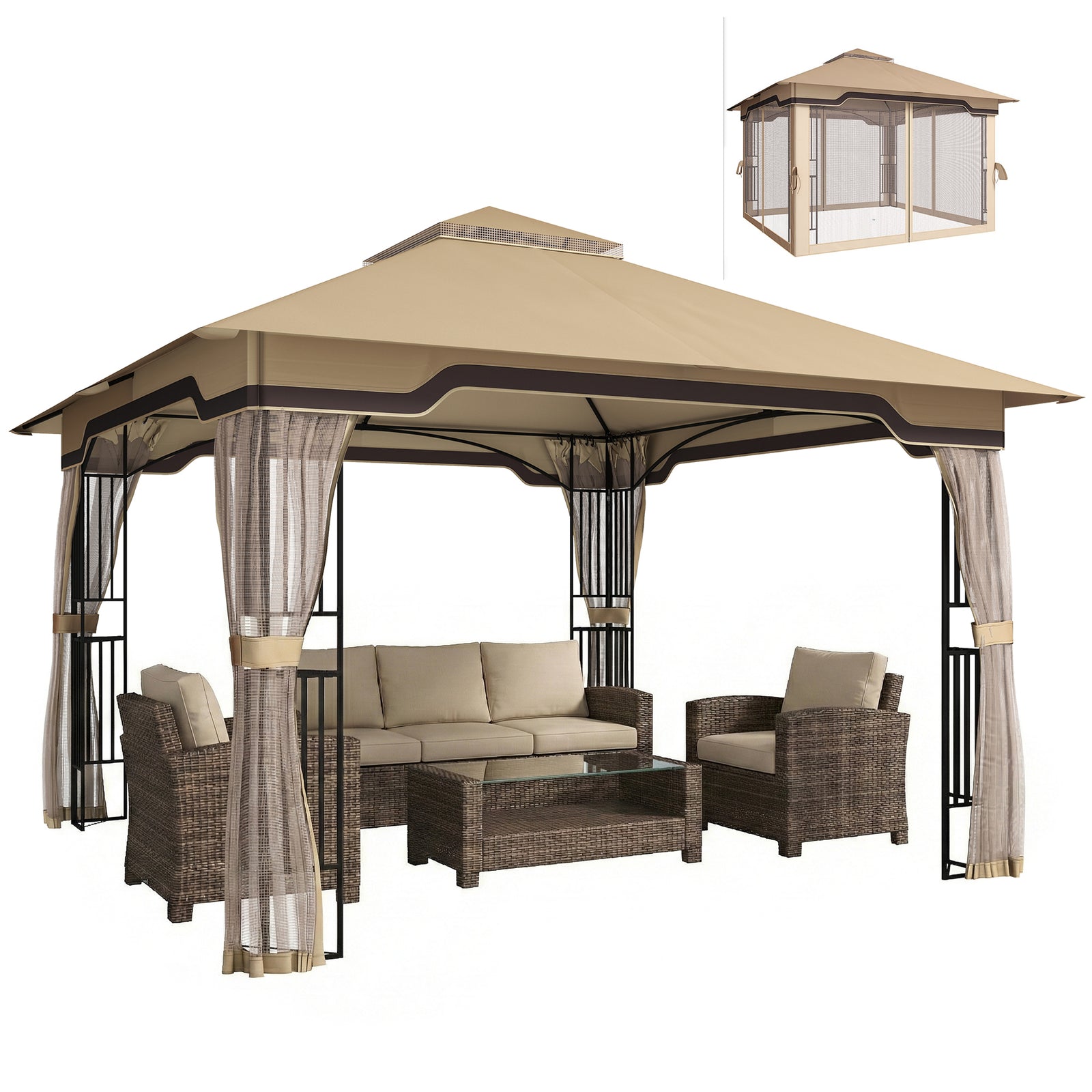 3.3 X 3.3 M Garden Gazebo With Shelves, Upf50+ Permanent Gazebo | Khaki