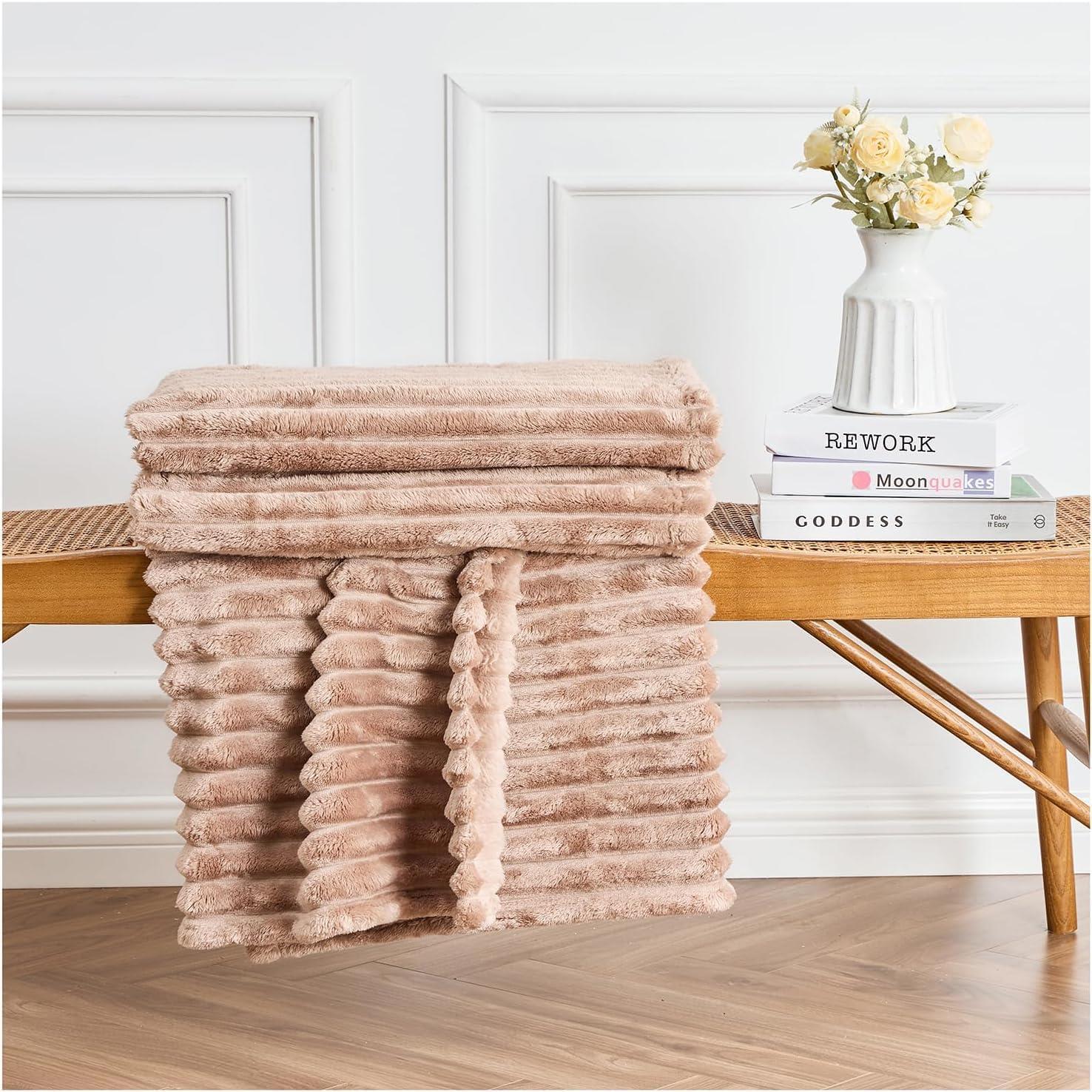 Ribbed Jacquard Fleece Blanket Throw Soft Warm Bed & Sofa Cover | 200cm x 240cm | Brown