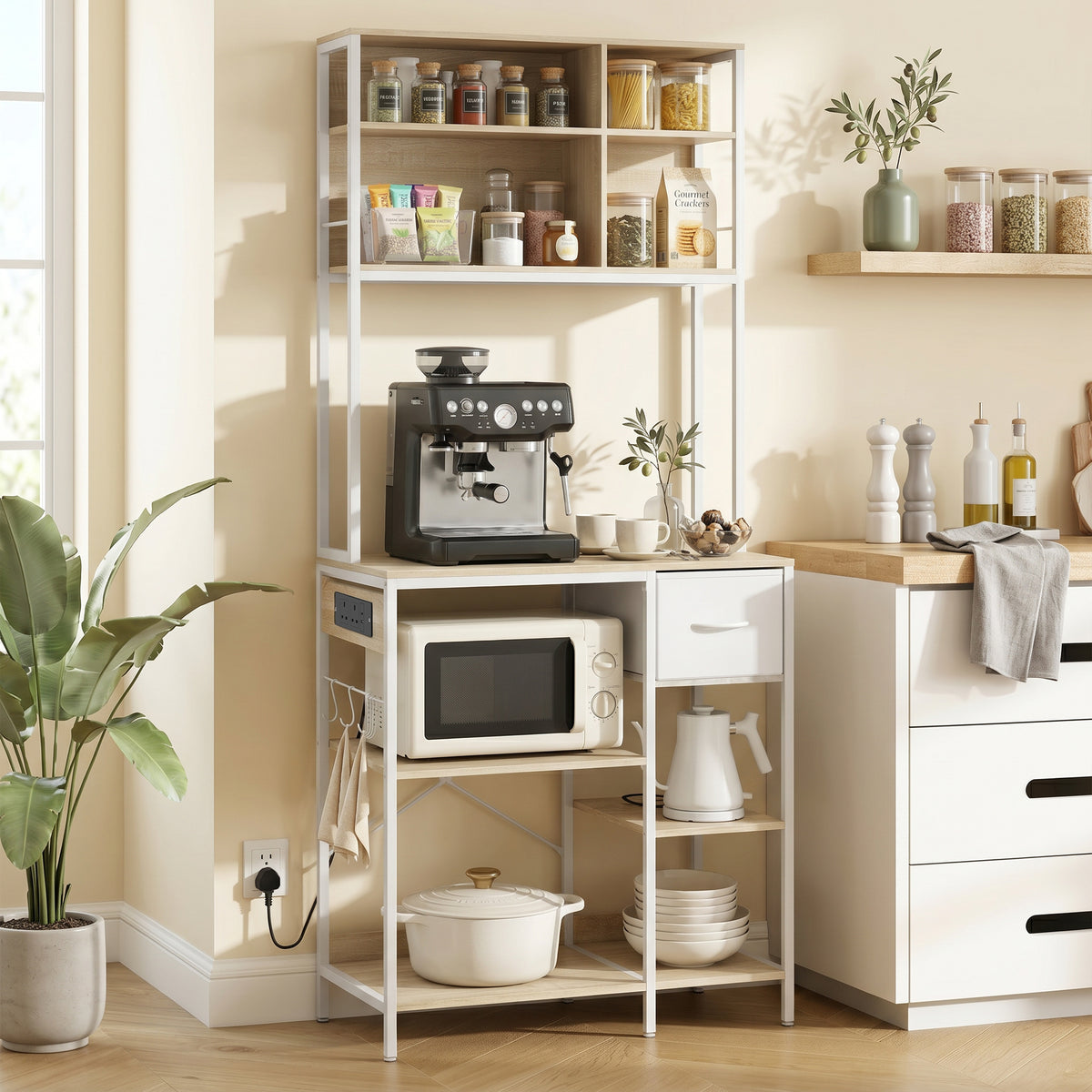 HOMCOM Kitchen Bakers Rack, Microwave Stand With Storage Shelves And 6 Hooks