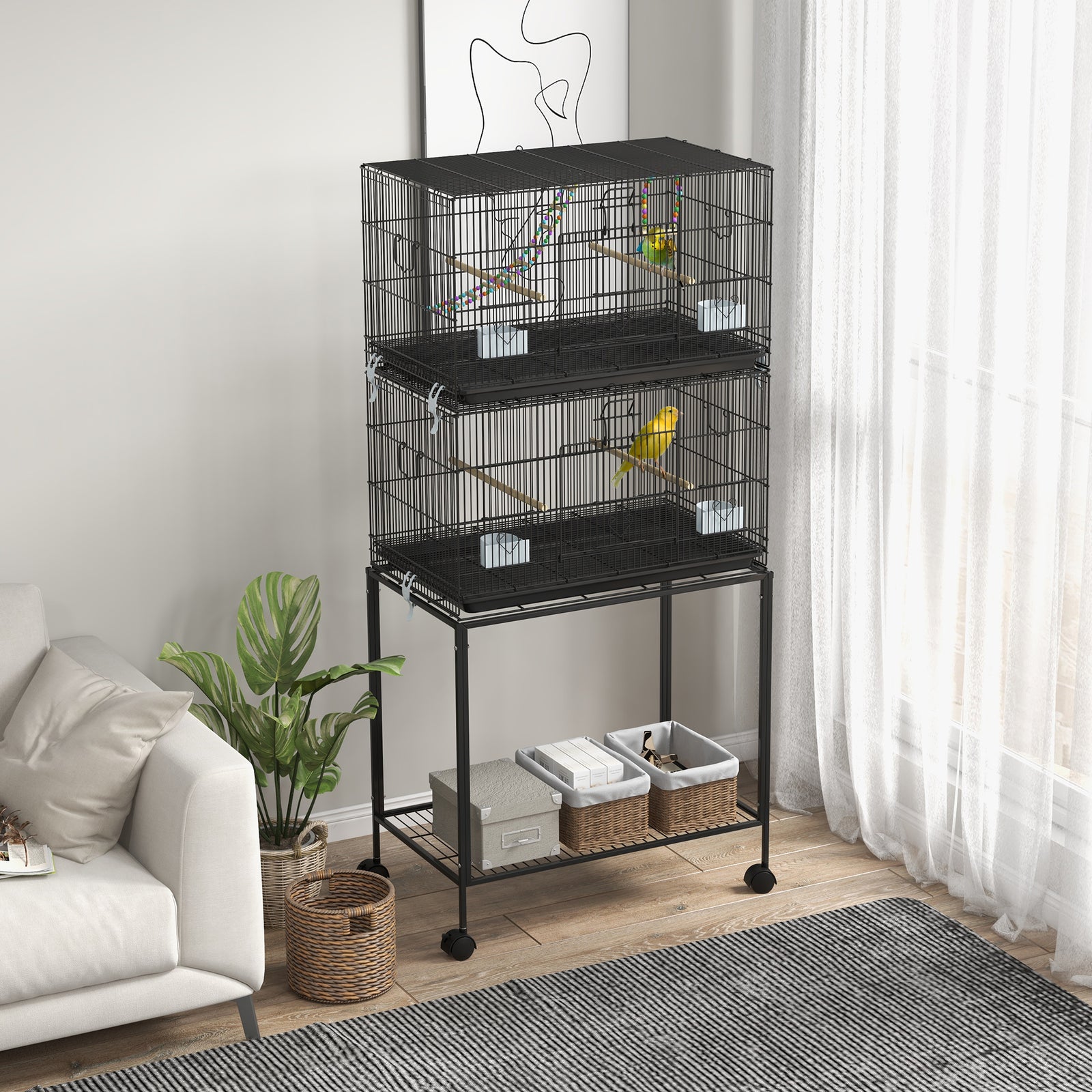 Two-tier Bird Cage On Wheels W/ Stand, For Canaries