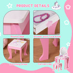 Kids Dressing Table, Girls Vanity Set With Mirror And Stool, Unicorn