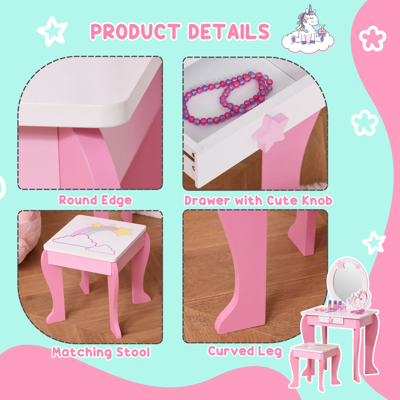 Kids Dressing Table, Girls Vanity Set With Mirror And Stool, Unicorn