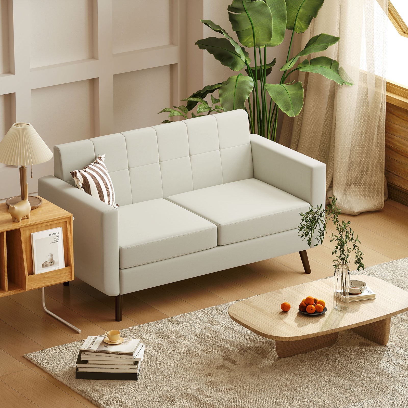 Modern Loveseat Upholstered Fabric Sofa, Cream