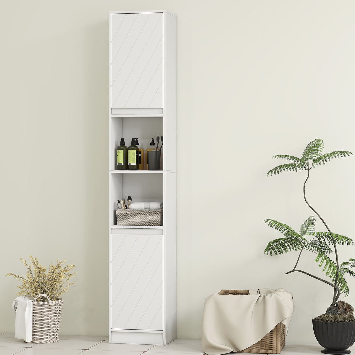 HOMCOM Narrow Bathroom Storage Cabinet With Open Compartment, White