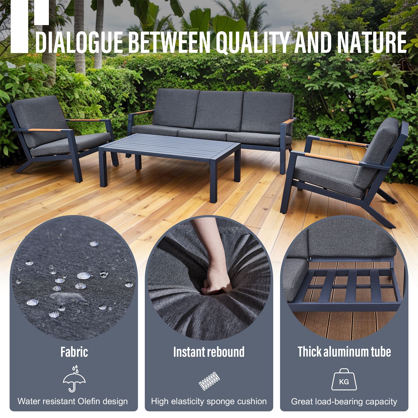 Malibu Aluminium 5 Seat Lounge Set In Grey With Olefin Cushions & Syn-teak Arms | Grey