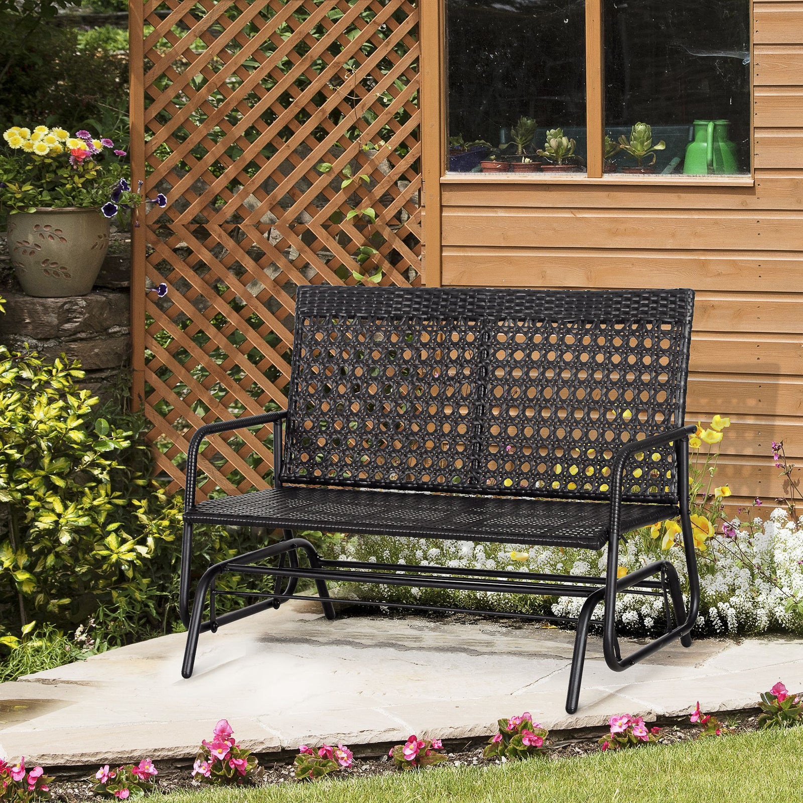 Rattan 2 Seater Wicker Glider Bench, Black