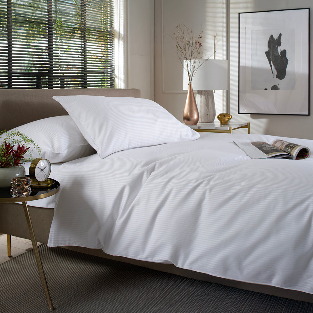 Mayfield Duvet Cover Set – 220 Thread Count White Cotton Sateen, 3mm Stripe & Piped Trim | Double | White