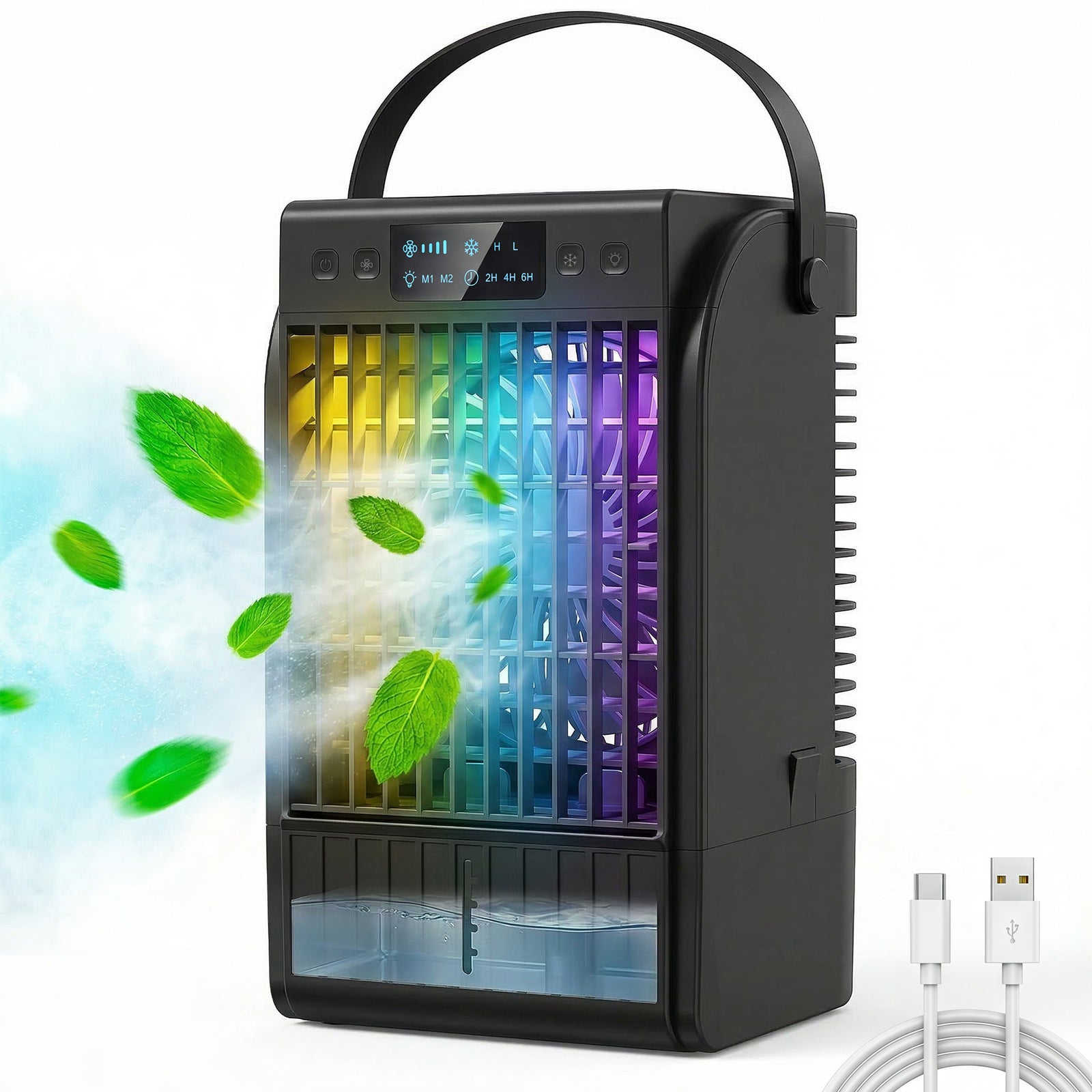 4-in-1 Mini Air Cooler With Rgb 7 Led Light, Cooling Fan | Black