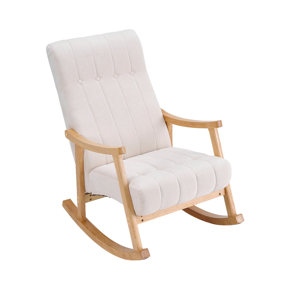 Minimalist Solid Wood Rocking Chair With Tufted Backrest – Ergonomic Design For Comfort And Relaxation | Beige