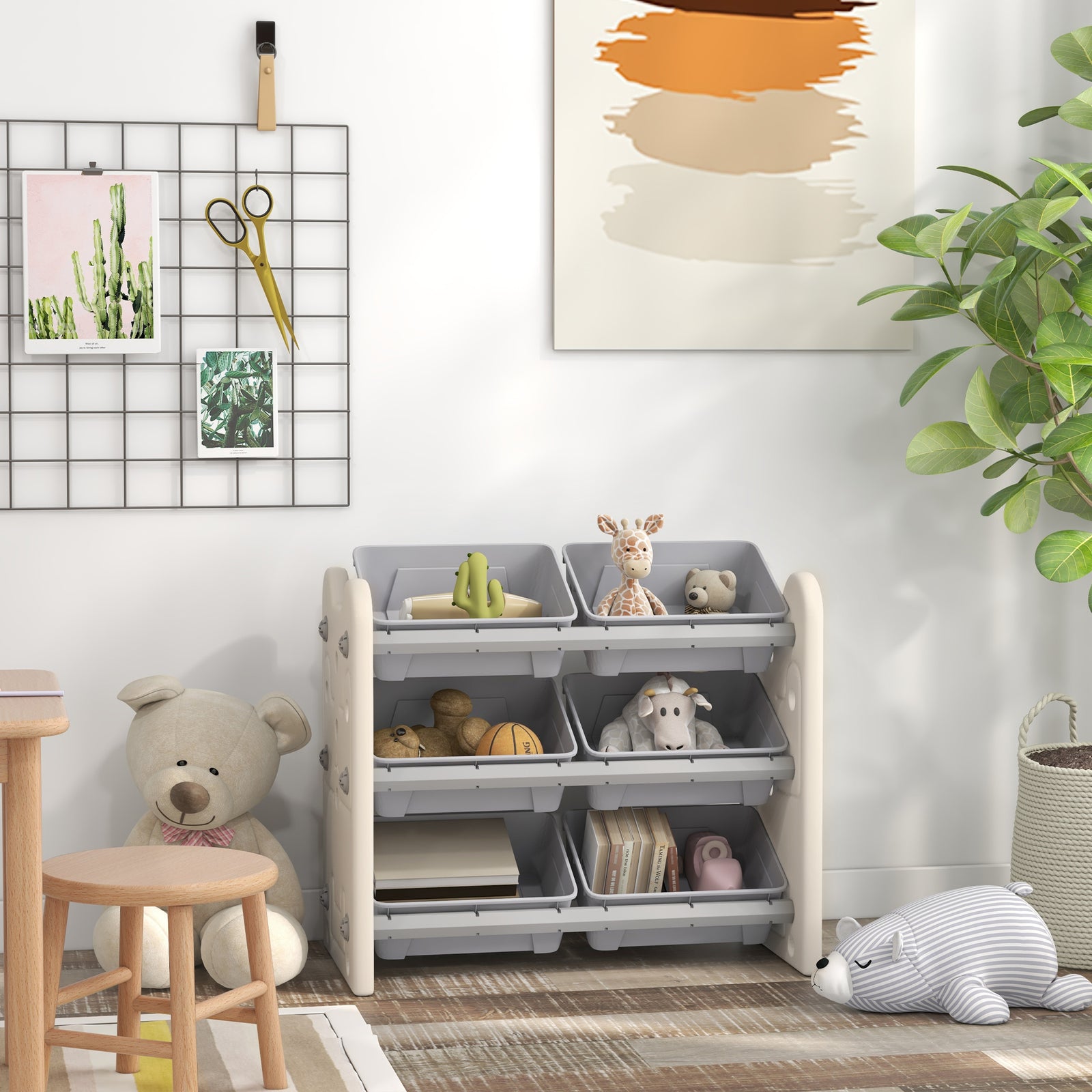 Kids Toy Storage Units With 6 Storage Boxes, 76 X 37 X 60cm, Grey
